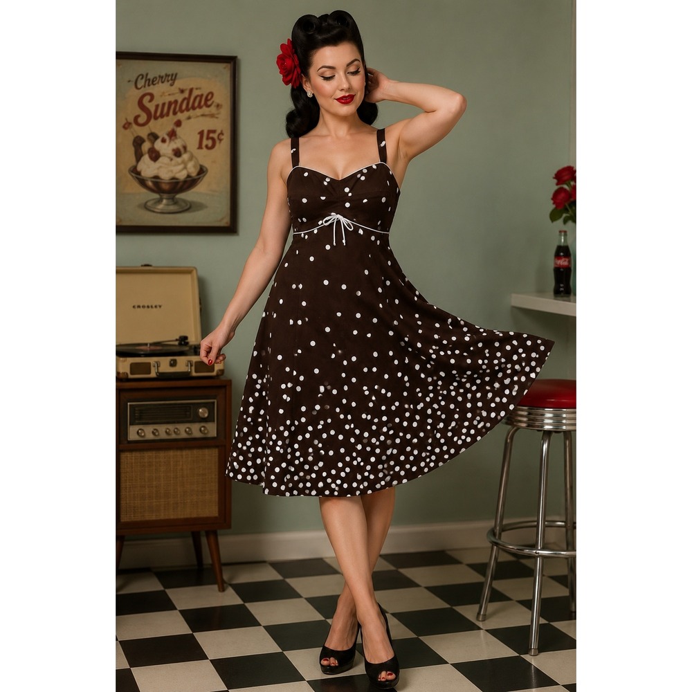 R&K Originals Dress Womens 16 Brown White Polka Dot Cotton Sundress Retro Y2K